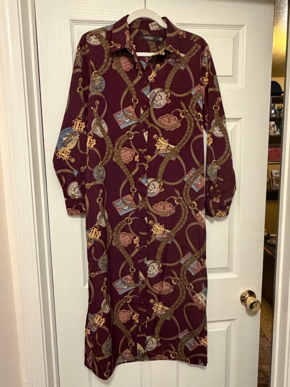 Long-Sleeve Burgundy Printed Tie-Waist Shirt Dress - Picture 3 of 10